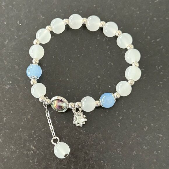 Cosmic Milky White & Blue Beaded Bracelet with Star Charm - Picture 1 of 8